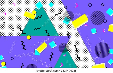 Pop art color background. Memphis pattern of geometric shapes for tissue and postcards. Vector Illustration. Hipster style 80s-90s. Abstract colorful funky background.