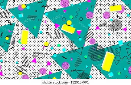 Pop art color background. Memphis pattern of geometric shapes for tissue and postcards. Vector Illustration. Hipster style 80s-90s. Abstract colorful funky background.