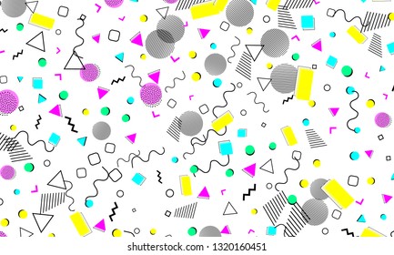 Pop art color background. Memphis pattern of geometric shapes for tissue and postcards. Vector Illustration. Hipster style 80s-90s. Abstract colorful funky background.