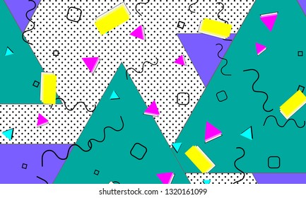 Pop art color background. Memphis pattern of geometric shapes for tissue and postcards. Vector Illustration. Hipster style 80s-90s. Abstract colorful funky background.