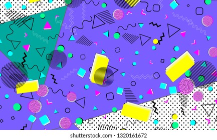 Pop art color background. Memphis pattern of geometric shapes for tissue and postcards. Vector Illustration. Hipster style 80s-90s. Abstract colorful funky background.