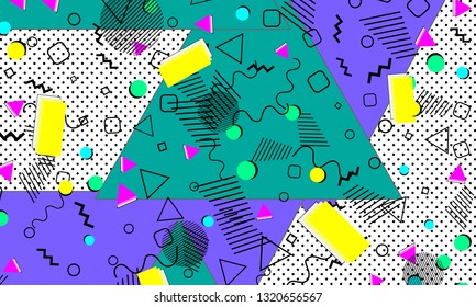 Pop art color background. Memphis pattern of geometric shapes for tissue and postcards. Vector Illustration. Hipster style 80s-90s. Abstract colorful funky background.