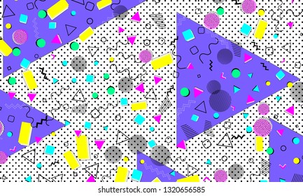 Pop art color background. Memphis pattern of geometric shapes for tissue and postcards. Vector Illustration. Hipster style 80s-90s. Abstract colorful funky background.