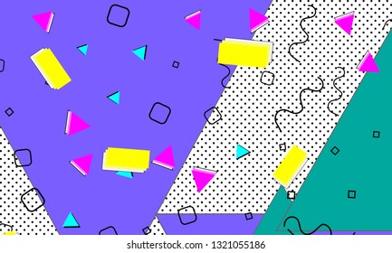 Pop art color background. Memphis pattern of geometric shapes for tissue and postcards. Vector Illustration. Hipster style 80s-90s. Abstract colorful funky background.