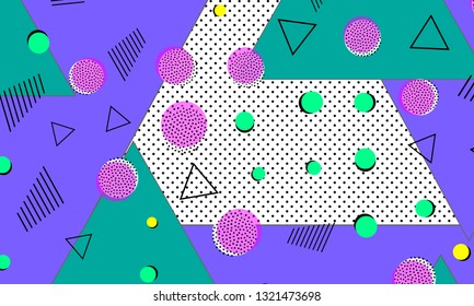 Pop art color background. Memphis pattern of geometric shapes for tissue and postcards. Vector Illustration. Hipster style 80s-90s. Abstract colorful funky background.