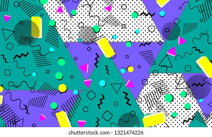 Pop art color background. Memphis pattern of geometric shapes for tissue and postcards. Vector Illustration. Hipster style 80s-90s. Abstract colorful funky background.