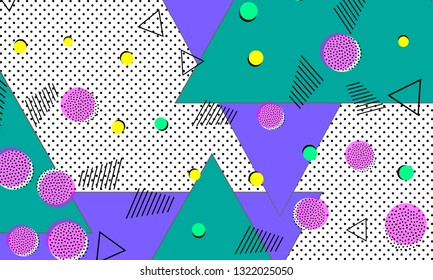 Pop art color background. Memphis pattern of geometric shapes for tissue and postcards. Vector Illustration. Hipster style 80s-90s. Abstract colorful funky background.