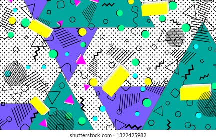 Pop art color background. Memphis pattern of geometric shapes for tissue and postcards. Vector Illustration. Hipster style 80s-90s. Abstract colorful funky background.