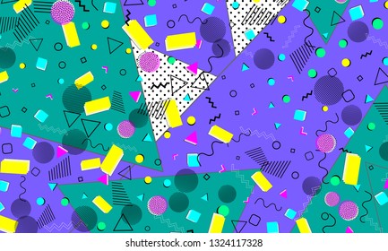 Pop art color background. Memphis pattern of geometric shapes for tissue and postcards. Vector Illustration. Hipster style 80s-90s. Abstract colorful funky background.