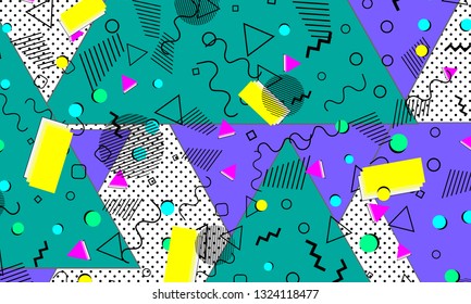Pop art color background. Memphis pattern of geometric shapes for tissue and postcards. Vector Illustration. Hipster style 80s-90s. Abstract colorful funky background.