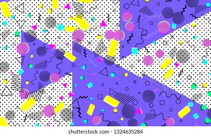 Pop art color background. Memphis pattern of geometric shapes for tissue and postcards. Vector Illustration. Hipster style 80s-90s. Abstract colorful funky background.