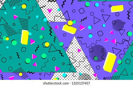 Pop art color background. Memphis pattern of geometric shapes for tissue and postcards. Vector Illustration. Hipster style 80s-90s. Abstract colorful funky background.