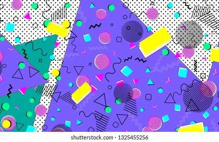 Pop art color background. Memphis pattern of geometric shapes for tissue and postcards. Vector Illustration. Hipster style 80s-90s. Abstract colorful funky background.