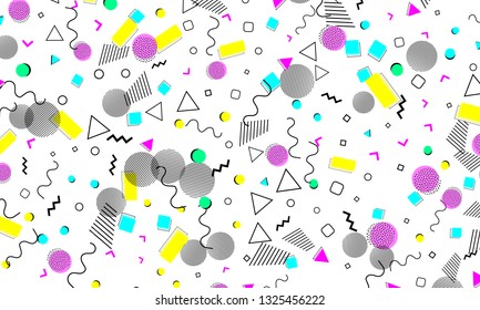 Pop art color background. Memphis pattern of geometric shapes for tissue and postcards. Vector Illustration. Hipster style 80s-90s. Abstract colorful funky background.