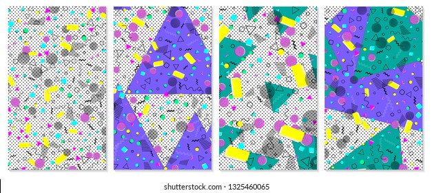 Pop art color background. Memphis pattern of geometric shapes for tissue and postcards. Vector Illustration. Hipster style 80s-90s. Abstract colorful funky background.