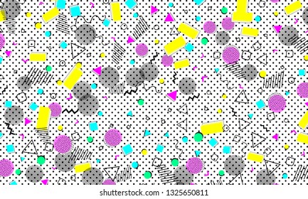 Pop art color background. Memphis pattern of geometric shapes for tissue and postcards. Vector Illustration. Hipster style 80s-90s. Abstract colorful funky background.