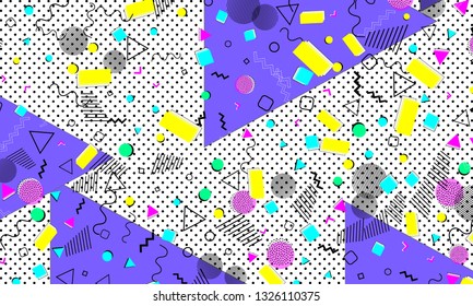 Pop art color background. Memphis pattern of geometric shapes for tissue and postcards. Vector Illustration. Hipster style 80s-90s. Abstract colorful funky background.