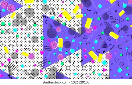 Pop art color background. Memphis pattern of geometric shapes for tissue and postcards. Vector Illustration. Hipster style 80s-90s. Abstract colorful funky background.