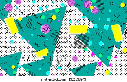 Pop art color background. Memphis pattern of geometric shapes for tissue and postcards. Vector Illustration. Hipster style 80s-90s. Abstract colorful funky background.