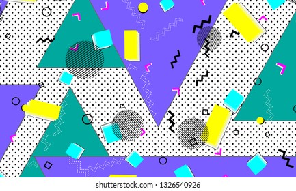 Pop art color background. Memphis pattern of geometric shapes for tissue and postcards. Vector Illustration. Hipster style 80s-90s. Abstract colorful funky background.