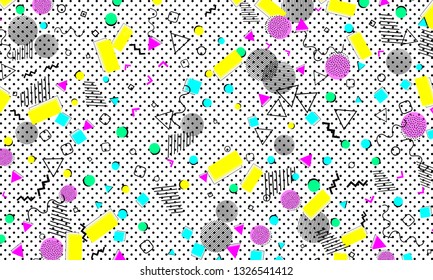 Pop art color background. Memphis pattern of geometric shapes for tissue and postcards. Vector Illustration. Hipster style 80s-90s. Abstract colorful funky background.