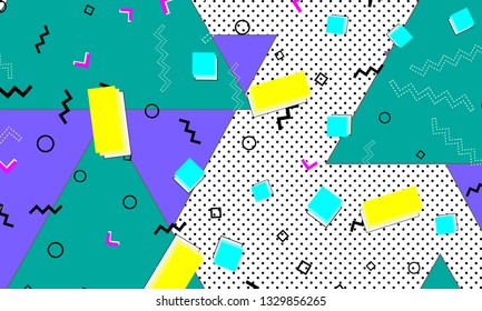 Pop art color background. Memphis pattern of geometric shapes for tissue and postcards. Vector Illustration. Hipster style 80s-90s. Abstract colorful funky background.