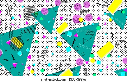 Pop art color background. Memphis pattern of geometric shapes for tissue and postcards. Vector Illustration. Hipster style 80s-90s. Abstract colorful funky background.