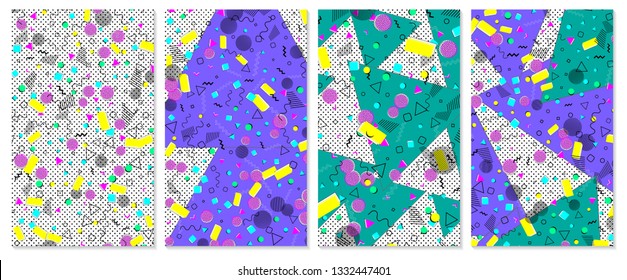 Pop art color background. Memphis pattern of geometric shapes for tissue and postcards. Vector Illustration. Hipster style 80s-90s. Abstract colorful funky background.
