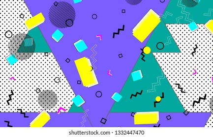 Pop art color background. Memphis pattern of geometric shapes for tissue and postcards. Vector Illustration. Hipster style 80s-90s. Abstract colorful funky background.