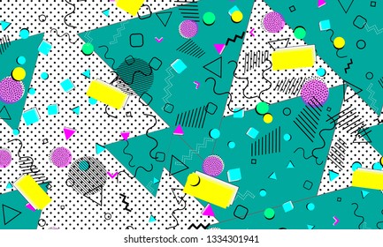 Pop art color background. Memphis pattern of geometric shapes for tissue and postcards. Vector Illustration. Hipster style 80s-90s. Abstract colorful funky background.