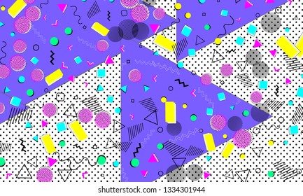 Pop art color background. Memphis pattern of geometric shapes for tissue and postcards. Vector Illustration. Hipster style 80s-90s. Abstract colorful funky background.