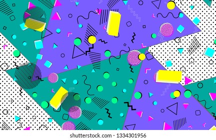 Pop art color background. Memphis pattern of geometric shapes for tissue and postcards. Vector Illustration. Hipster style 80s-90s. Abstract colorful funky background.