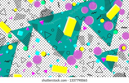 Pop art color background. Memphis pattern of geometric shapes for tissue and postcards. Vector Illustration. Hipster style 80s-90s. Abstract colorful funky background.