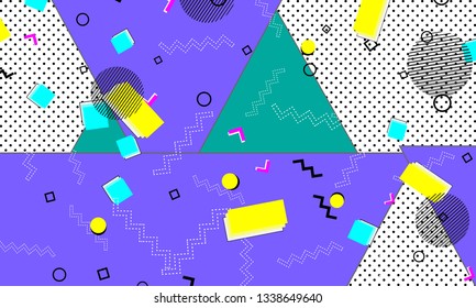 Pop art color background. Memphis pattern of geometric shapes for tissue and postcards. Vector Illustration. Hipster style 80s-90s. Abstract colorful funky background.