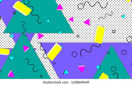 Pop art color background. Memphis pattern of geometric shapes for tissue and postcards. Vector Illustration. Hipster style 80s-90s. Abstract colorful funky background.