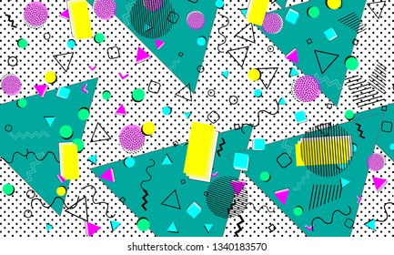 Pop art color background. Memphis pattern of geometric shapes for tissue and postcards. Vector Illustration. Hipster style 80s-90s. Abstract colorful funky background.
