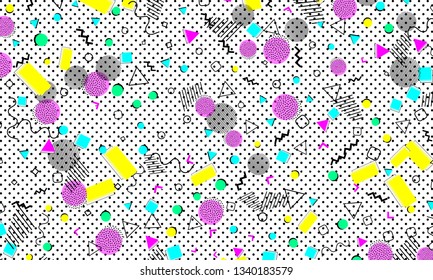 Pop art color background. Memphis pattern of geometric shapes for tissue and postcards. Vector Illustration. Hipster style 80s-90s. Abstract colorful funky background.
