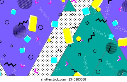 Pop art color background. Memphis pattern of geometric shapes for tissue and postcards. Vector Illustration. Hipster style 80s-90s. Abstract colorful funky background.
