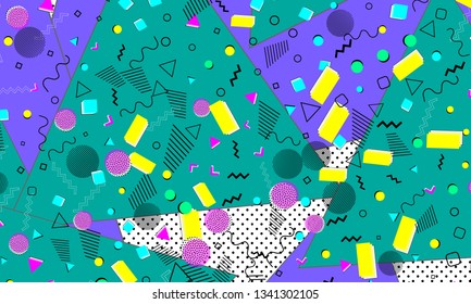 Pop art color background. Memphis pattern of geometric shapes for tissue and postcards. Vector Illustration. Hipster style 80s-90s. Abstract colorful funky background.