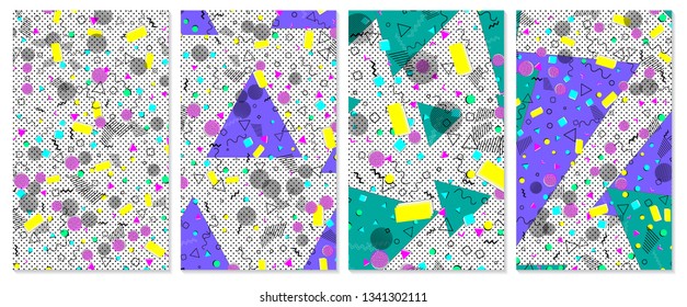 Pop art color background. Memphis pattern of geometric shapes for tissue and postcards. Vector Illustration. Hipster style 80s-90s. Abstract colorful funky background.