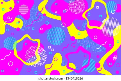 Pop art color background. Memphis pattern of geometric shapes for tissue and postcards. Vector Illustration. Hipster style 80s-90s. Abstract colorful funky background.