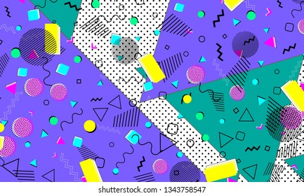 Pop art color background. Memphis pattern of geometric shapes for tissue and postcards. Vector Illustration. Hipster style 80s-90s. Abstract colorful funky background.