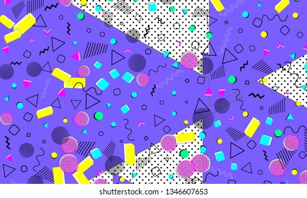 Pop art color background. Memphis pattern of geometric shapes for tissue and postcards. Vector Illustration. Hipster style 80s-90s. Abstract colorful funky background.