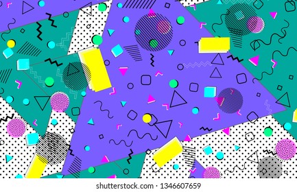 Pop art color background. Memphis pattern of geometric shapes for tissue and postcards. Vector Illustration. Hipster style 80s-90s. Abstract colorful funky background.