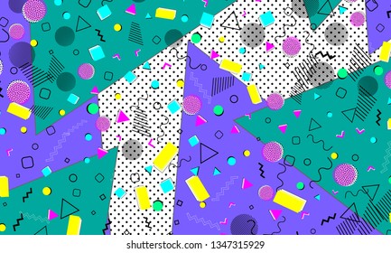Pop art color background. Memphis pattern of geometric shapes for tissue and postcards. Vector Illustration. Hipster style 80s-90s. Abstract colorful funky background.