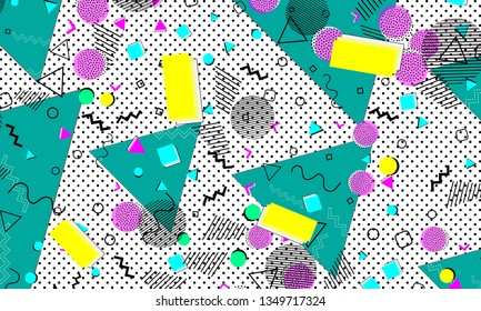 Pop art color background. Memphis pattern of geometric shapes for tissue and postcards. Vector Illustration. Hipster style 80s-90s. Abstract colorful funky background.