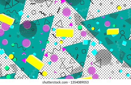 Pop art color background. Memphis pattern of geometric shapes for tissue and postcards. Vector Illustration. Hipster style 80s-90s. Abstract colorful funky background.