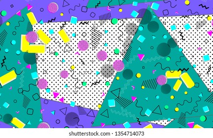 Pop art color background. Memphis pattern of geometric shapes for tissue and postcards. Vector Illustration. Hipster style 80s-90s. Abstract colorful funky background.