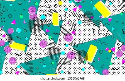 Pop art color background. Memphis pattern of geometric shapes for tissue and postcards. Vector Illustration. Hipster style 80s-90s. Abstract colorful funky background.