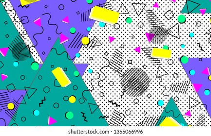 Pop art color background. Memphis pattern of geometric shapes for tissue and postcards. Vector Illustration. Hipster style 80s-90s. Abstract colorful funky background.